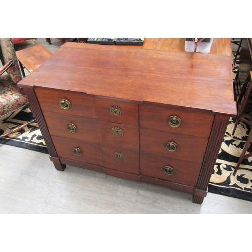 5486 - Circa 1800, a French mahogany breakfront commode chest of three graduating long drawers with oak lin... 