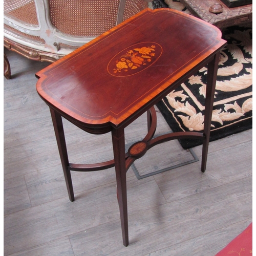 5498 - A circa 1900 satinwood crossbanded and inlaid mahogany side/lamp table, the breakfront D-end top on ... 