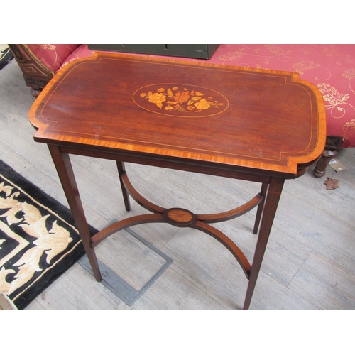 5498 - A circa 1900 satinwood crossbanded and inlaid mahogany side/lamp table, the breakfront D-end top on ... 