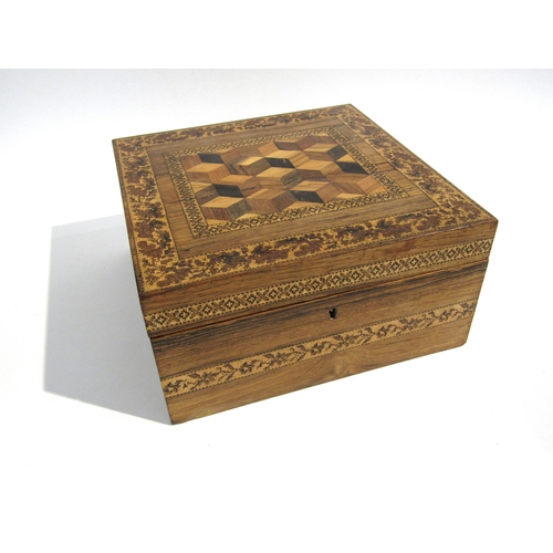 5506 - A late 19th century Tunbridge ware box with parquechy 3D cube centre surrounded by mosiac effect boa... 