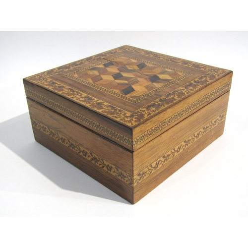 5506 - A late 19th century Tunbridge ware box with parquechy 3D cube centre surrounded by mosiac effect boa... 