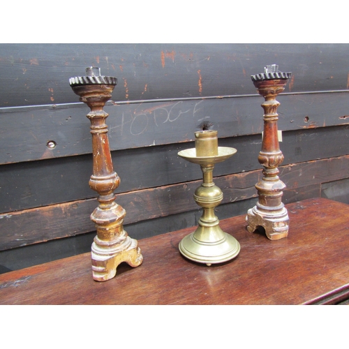 5509 - A pair of gilt wood candlestands, 33cm tall and a Georgian style brass candlestand with reeded detai... 