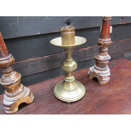 5509 - A pair of gilt wood candlestands, 33cm tall and a Georgian style brass candlestand with reeded detai... 