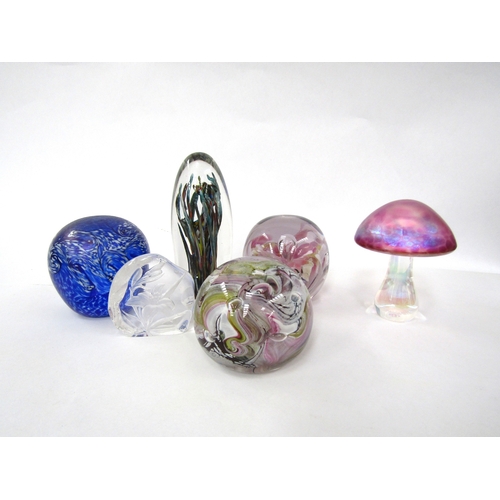 5003 - A collection of six glass paperweights including Strathearn tall example, Uredale, iridescent mushro... 