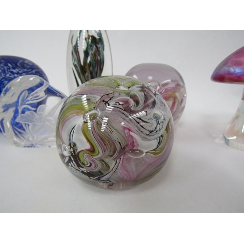 5003 - A collection of six glass paperweights including Strathearn tall example, Uredale, iridescent mushro... 