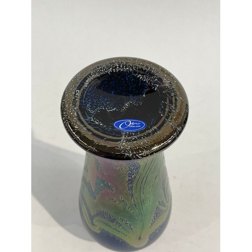 5017 - An Okra Iridescent Art glass vase with waver form pattern 22cm tall