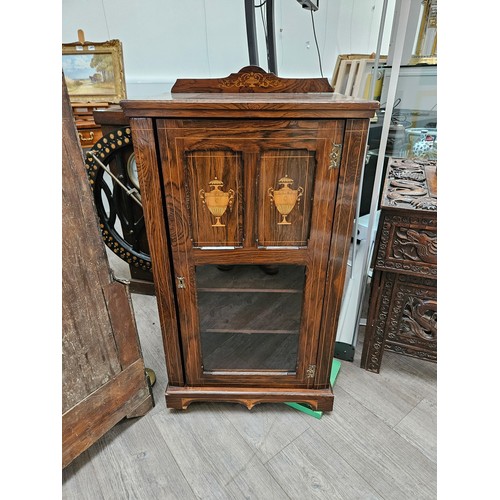 5694 - A late Victorian rosewood cabinet, gallery back over a half glazed single door with urn marquetry pa... 