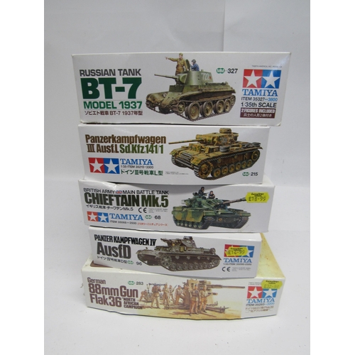 7345 - Five Tamiya 1:35 scale military plastic model kits to include 35283 German 88mm Gun Flak 36, 35068 B... 