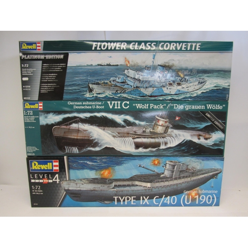 7346 - Three Revell 1:72 scale plastic model kits to include 05015 German Submarine VII C 