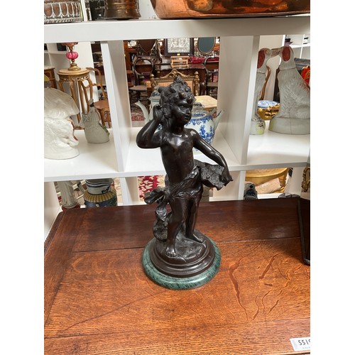 5518 - A late 19th Century hollow cast bronze figure of a girl holding a basket, unsigned, on circular marb... 