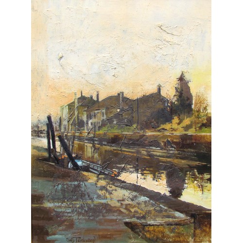 7515 - SALLY TOMLINSON (XX) A framed oil on canvas, canal scene with cottages. Signed bottom left. Image si... 