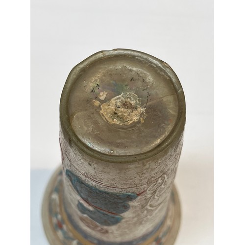 5053 - A Mughal glass beaker with flared rim painted with images of figures, with floral bands, 14cm high