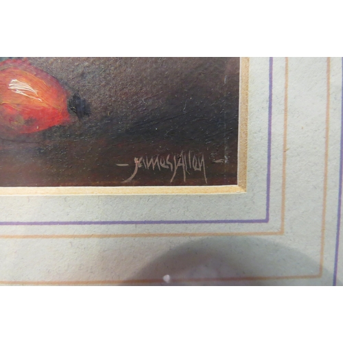 4054 - JAMES J. ALLEN: A coloured print with overpainting depicting rosehips in a blue and white jug, frame... 