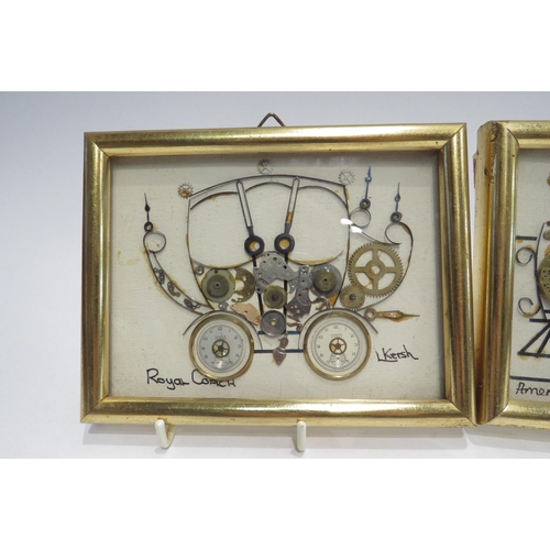 4316 - L.KERSH: Two pictures made from watch parts, details verso stating Genuine original horological coll... 