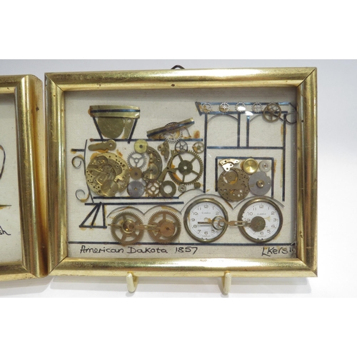 4316 - L.KERSH: Two pictures made from watch parts, details verso stating Genuine original horological coll... 