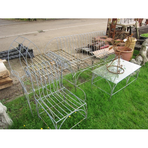 6043 - Two wirework chairs, bench and glass top low table(R) £100