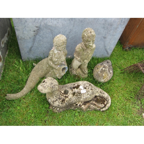 6156 - A group of composition garden items; mermaid, otter, man and chicken (4)    (C)