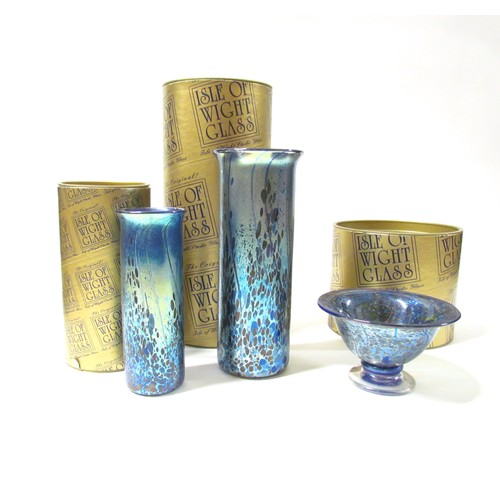 7238 - Three pieces of Isle of Wight iridescent glass in Summer Fruits pattern, two cylindrical vases at 22... 