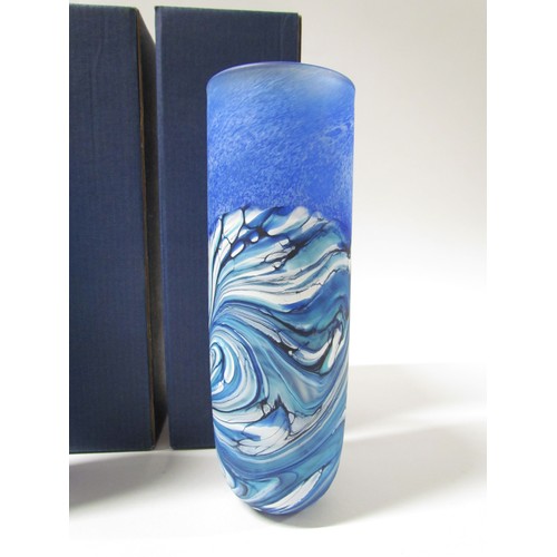 7240 - Two Isle of Wight glass cylindrical vases in Blue Wave pattern, 18cm and 16cm. Each with original bo... 