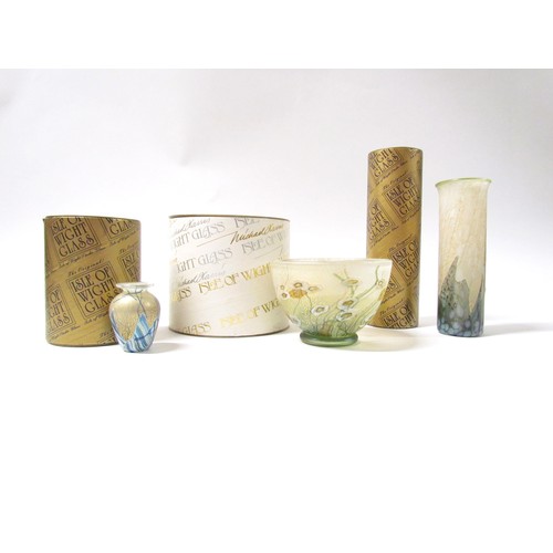 7239 - Three pieces of Isle of Wight glass including a Seascape urn vase at 5cm high, Wild Garden series bo... 