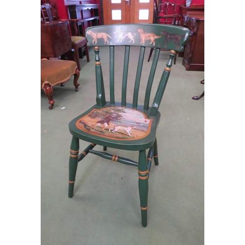 4005 - A hand painted Victorian style lathe back chair with gamekeeper and dogs decoration