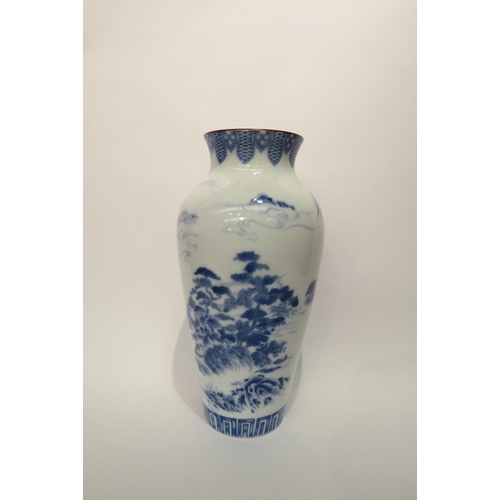 4023 - A 20th Century Japanese Shibata blue and white vase with landscape scene, 29.5cm tall  (E)  £15-20