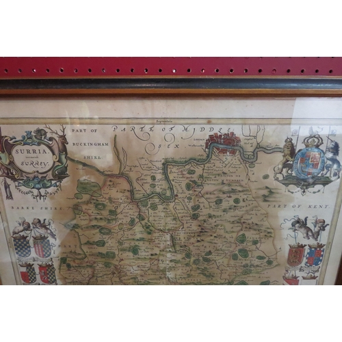4051 - A map of Surrey on colour, double sided with Latin to back. Framed and glazed. 44cm x 54cm image siz... 