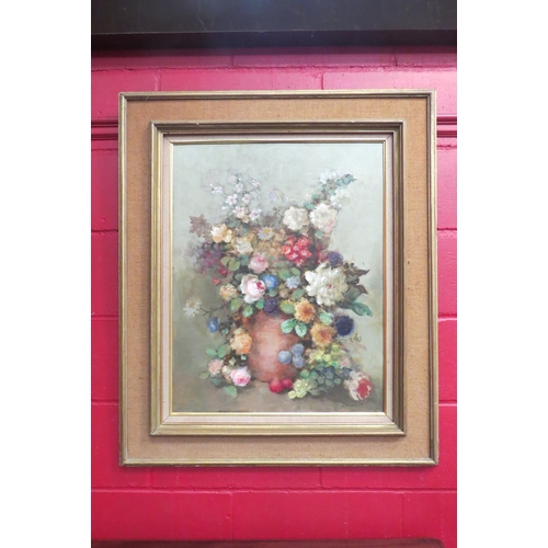 4132 - M.H.WENN: A still life oil on board of a vase of flowers. Signed lower right. Framed. 70.5cm x 55cm ... 