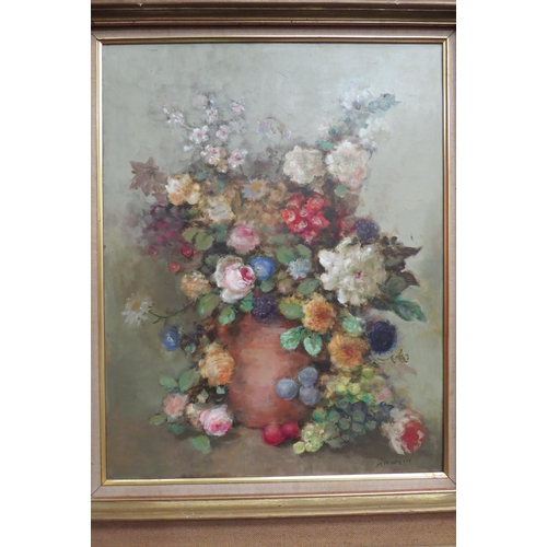 4132 - M.H.WENN: A still life oil on board of a vase of flowers. Signed lower right. Framed. 70.5cm x 55cm ... 