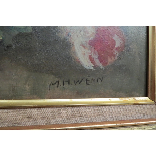 4132 - M.H.WENN: A still life oil on board of a vase of flowers. Signed lower right. Framed. 70.5cm x 55cm ... 