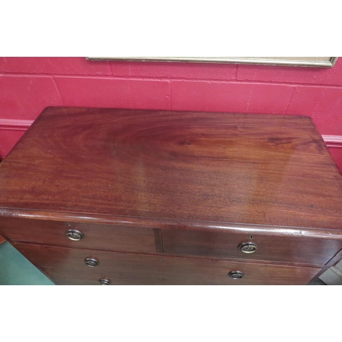 4134 - A 19th Century flame mahogany chest of two short over three graduating long drawers on bracket feet,... 