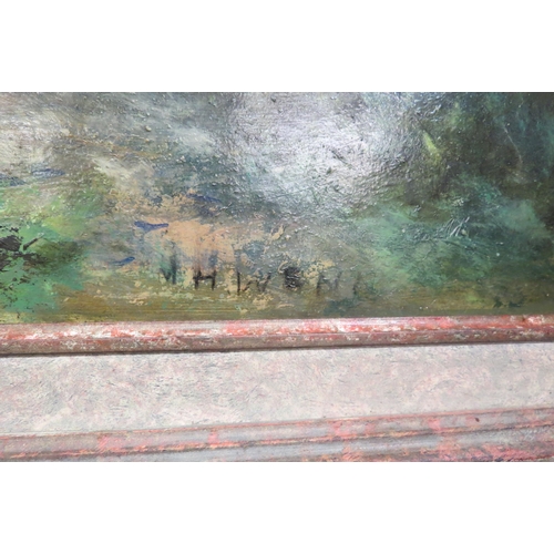 4139 - M.H.WENN: An oil on board of a waterside scene, Chimney Mill, West Stow, figures with dogs in the fo... 