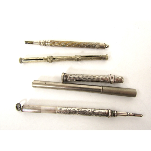 4330 - Approximately eight pencils some propelling in varying states and a container with leads including E... 