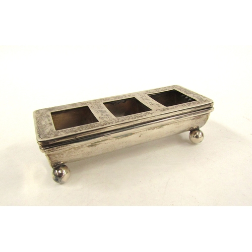 4338 - A James Deakin & Sons silver three compartment stamp box, claws missing to lid, Birmingham 1900, 2.5... 