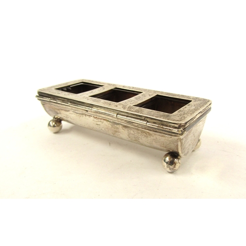 4338 - A James Deakin & Sons silver three compartment stamp box, claws missing to lid, Birmingham 1900, 2.5... 