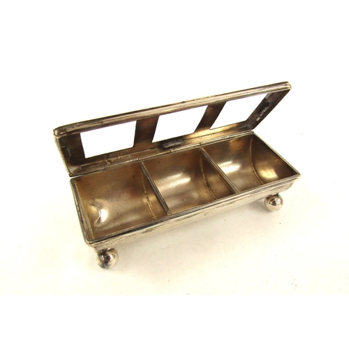 4338 - A James Deakin & Sons silver three compartment stamp box, claws missing to lid, Birmingham 1900, 2.5... 