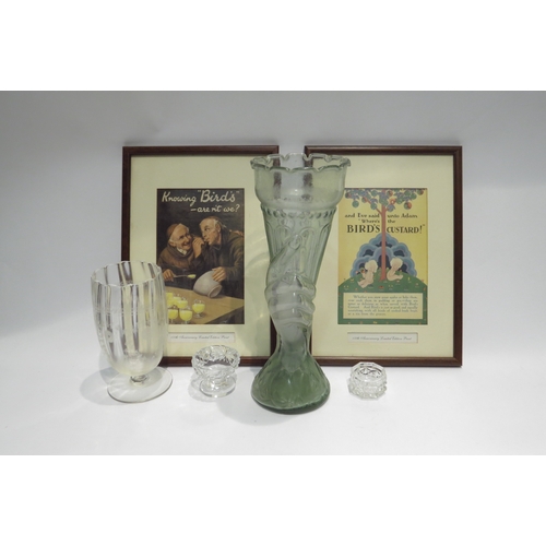 4342 - A pair of Bird's custard advertising prints, framed and glazed, an Edwardian etched celery glass, gl... 