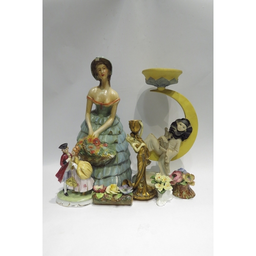 4347 - A circa 1930's plaster figure of lady holding a basket of flowers, 38cm tall, three ceramic posies i... 