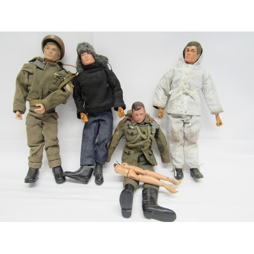 7218 - Three playworn vintage Palitoy Action Man figures with flocked hair, wearing an assortment of offici... 