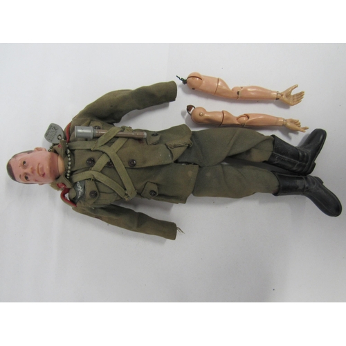 7218 - Three playworn vintage Palitoy Action Man figures with flocked hair, wearing an assortment of offici... 