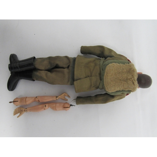 7218 - Three playworn vintage Palitoy Action Man figures with flocked hair, wearing an assortment of offici... 