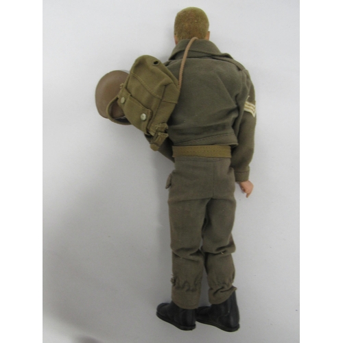 7218 - Three playworn vintage Palitoy Action Man figures with flocked hair, wearing an assortment of offici... 