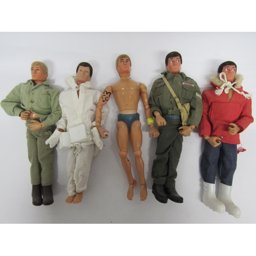 7216 - Five vintage playworn Palitoy Action Man figures with flocked hair, each marked 'CPG Products 1978',... 