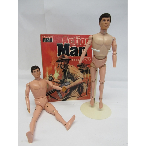 7213 - Two vintage playworn Palitoy Action Man figures with brown flocked hair, both lacking hands, togethe... 