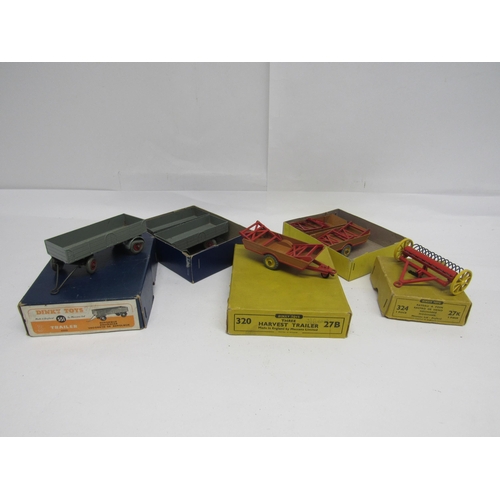 7274 - Three Dinky Toys trade boxes containing diecast farm models, to include 320 / 27B Harvest Trailer (x... 