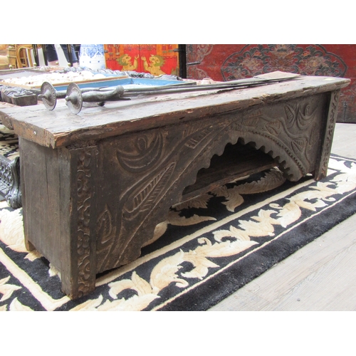 1095 - An early 18th Century Tibetan offerings altar, carved plank, carved decoration to front, 37cm tall x... 