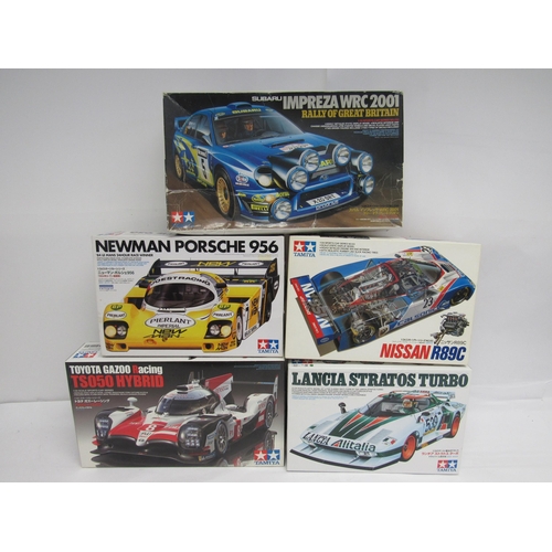 7304 - Five Tamiya 1:24 scale racing car plastic model kits to include 24093 Nissan R89C, 25210 Lancia Stra... 