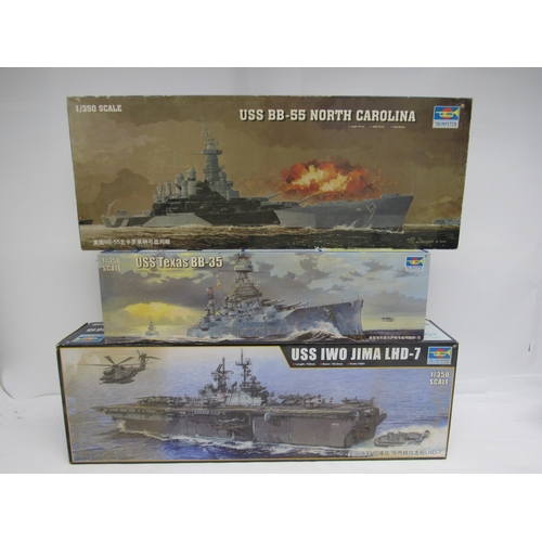 7338 - Three Trumpeter 1:350 scale ship plastic model kits to include 05615 USS Iwo Jima LHD-7, 05503 USS B... 