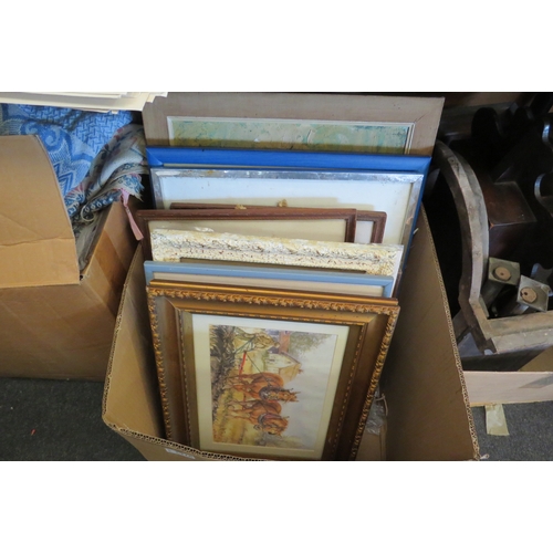 1351 - A box of pictures and prints including watercolour of horse-drawn plough, floral still life, portrai... 