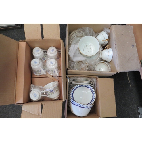 1411 - Three boxes containing tea or part tea sets including Royal Doulton Diamond china and Marlborough